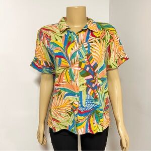 C&C California Vibrant Leaf Print Button-Down Linen Shirt Large